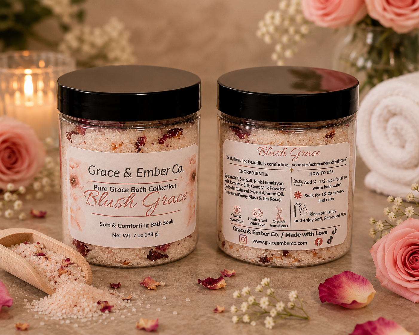 Blush Grace Bath Soak | Pure Grace Bath Collection | Handmade Luxury Bath Salts | 7 oz