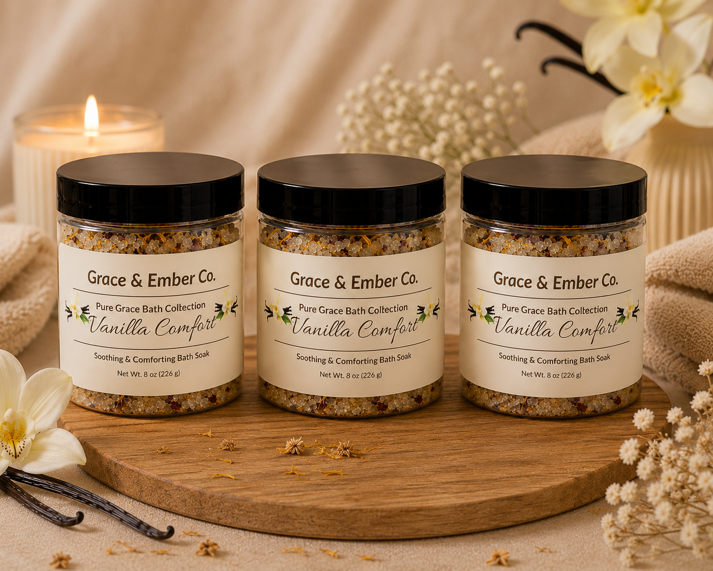 Vanilla Comfort Bath Soak | Pure Grace Bath Collection | Handmade Luxury Bath Salts | 8 oz