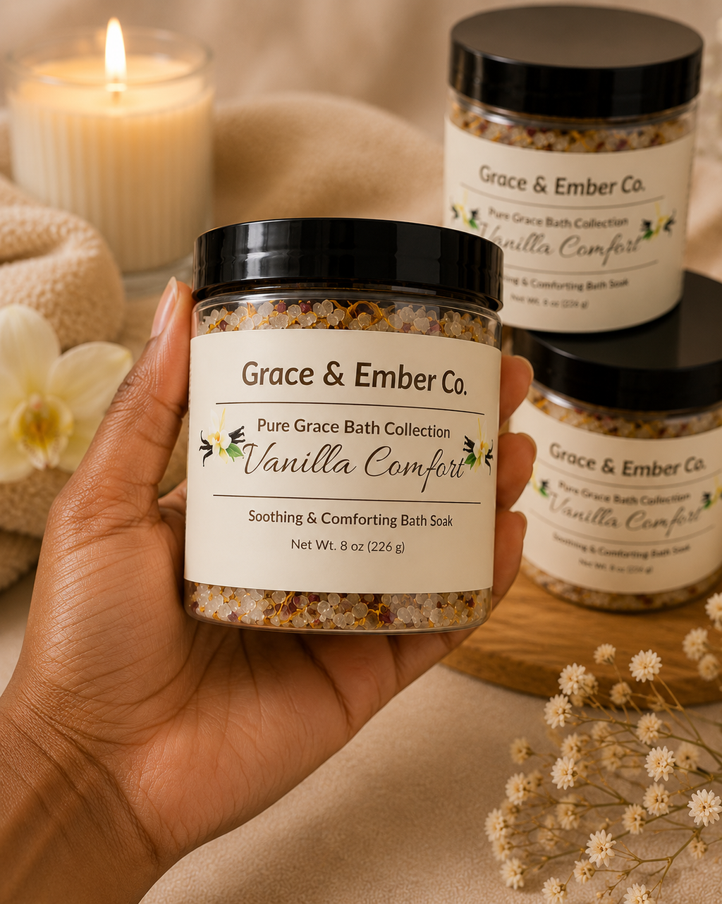 Vanilla Comfort Bath Soak | Pure Grace Bath Collection | Handmade Luxury Bath Salts | 8 oz