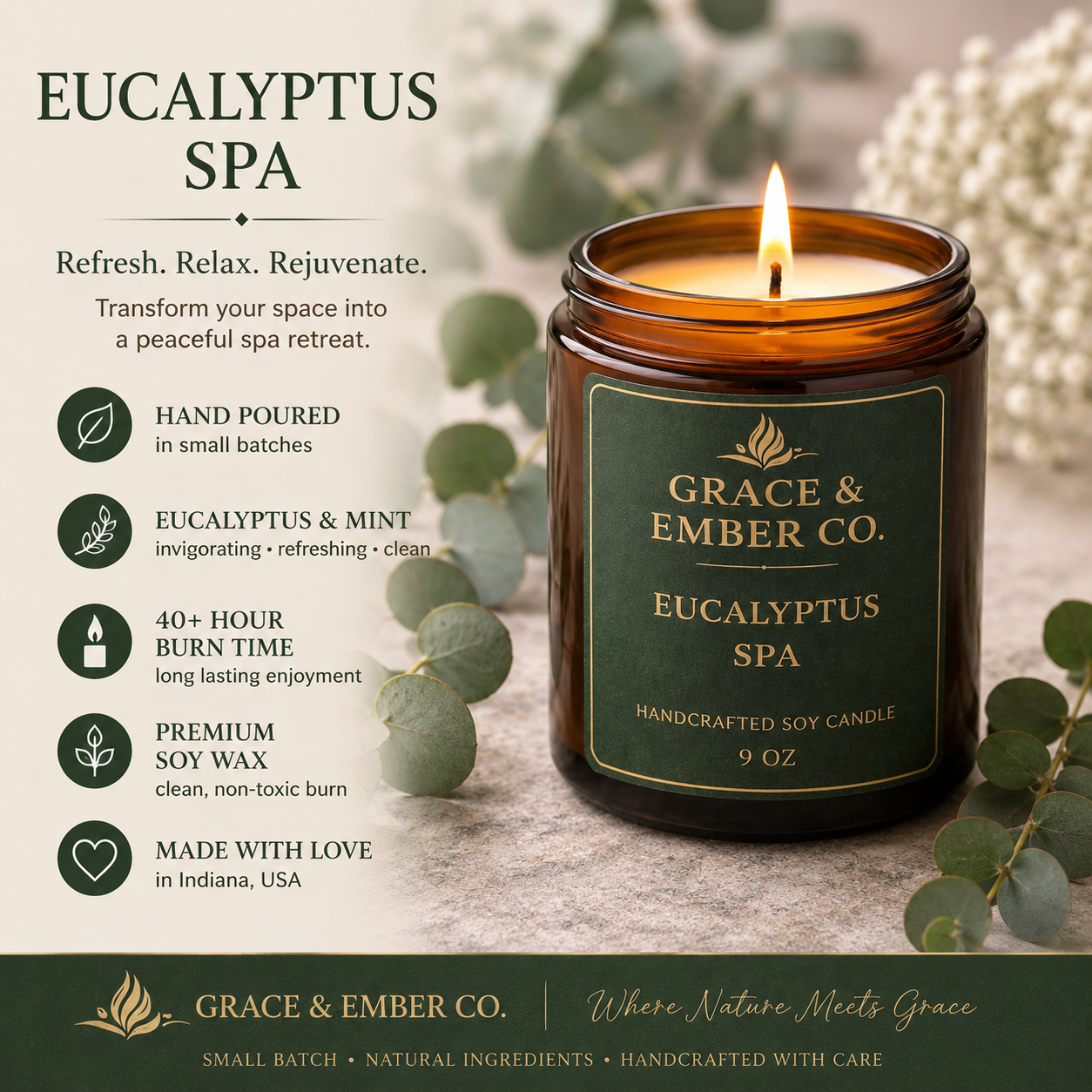 Eucalyptus Spa – Rejuvenating Aromatherapy Soy Candle (9 oz)