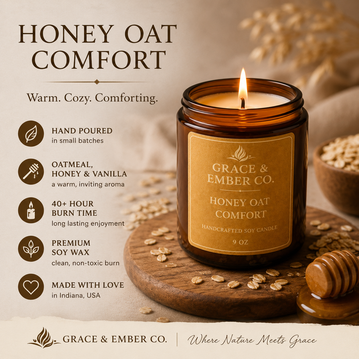 Honey Oat Comfort – Warm & Cozy Soy Candle (9 oz)